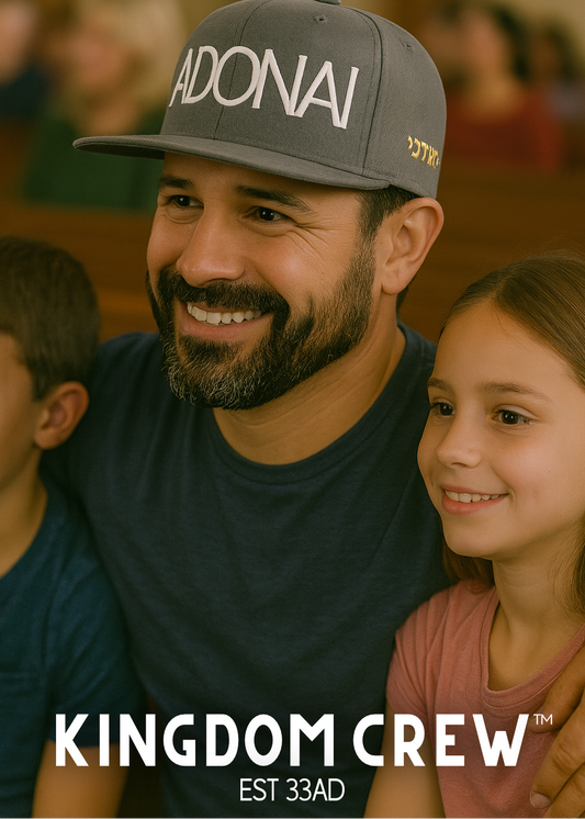 Man wearing a cap with 'ADONAI' text, smiling with two children, with 'Kingdom Crew' branding.
