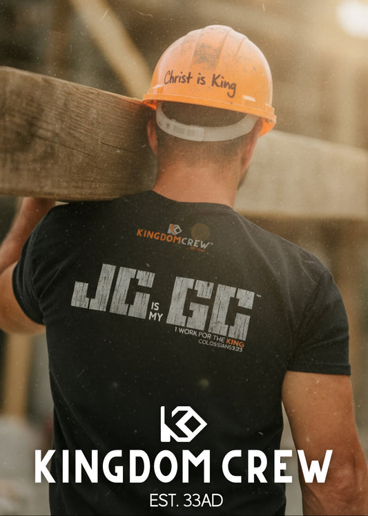 Person wearing a hard hat with 'Christ is King' and a black t-shirt with 'Kingdom Crew' branding.