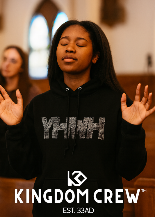 Person wearing a black hoodie with 'YOUTH' text in a church setting, featuring the Kingdom Crew logo.