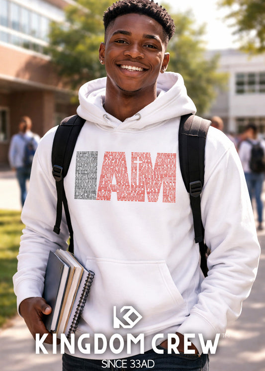 Person wearing a white hoodie with text design, standing outdoors with 'Kingdom Crew' branding.