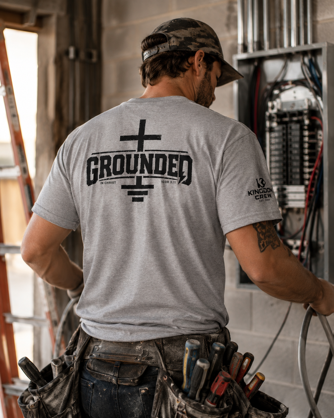 A man wearing a gray t-shirt with a black 'GROUNDED' graphic on the back, working inside an electrical panel room. The shirt features a grounding symbol and the brand 'Kings of NY' on the sleeve.