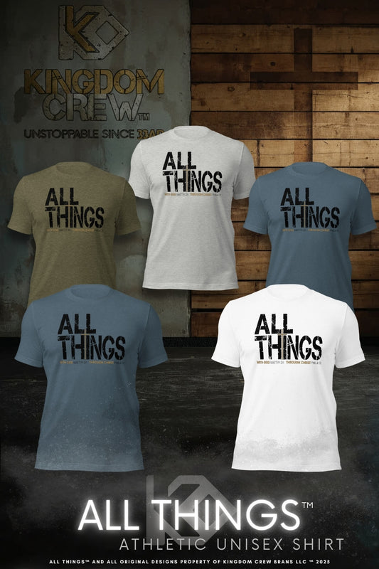 ALL THINGS™ Cross – Athletic Unisex Tee – Comfort Heather Black and Gold