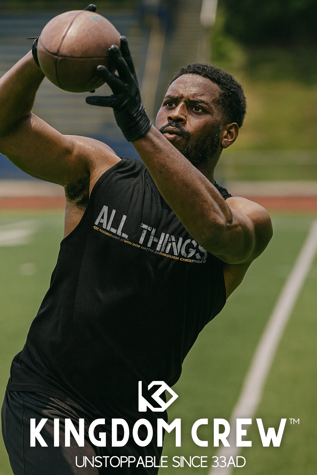 Man holding a football on a sports field with 'Kingdom Crew' branding.