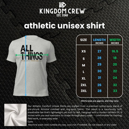 White athletic unisex shirt with 'ALL THINGS' text on a black textured background with Kingdom Crew branding.