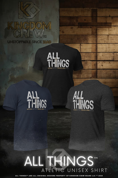 ALL THINGS™ Cross – Athletic Unisex Tee – Comfort Heather Silver and Gold