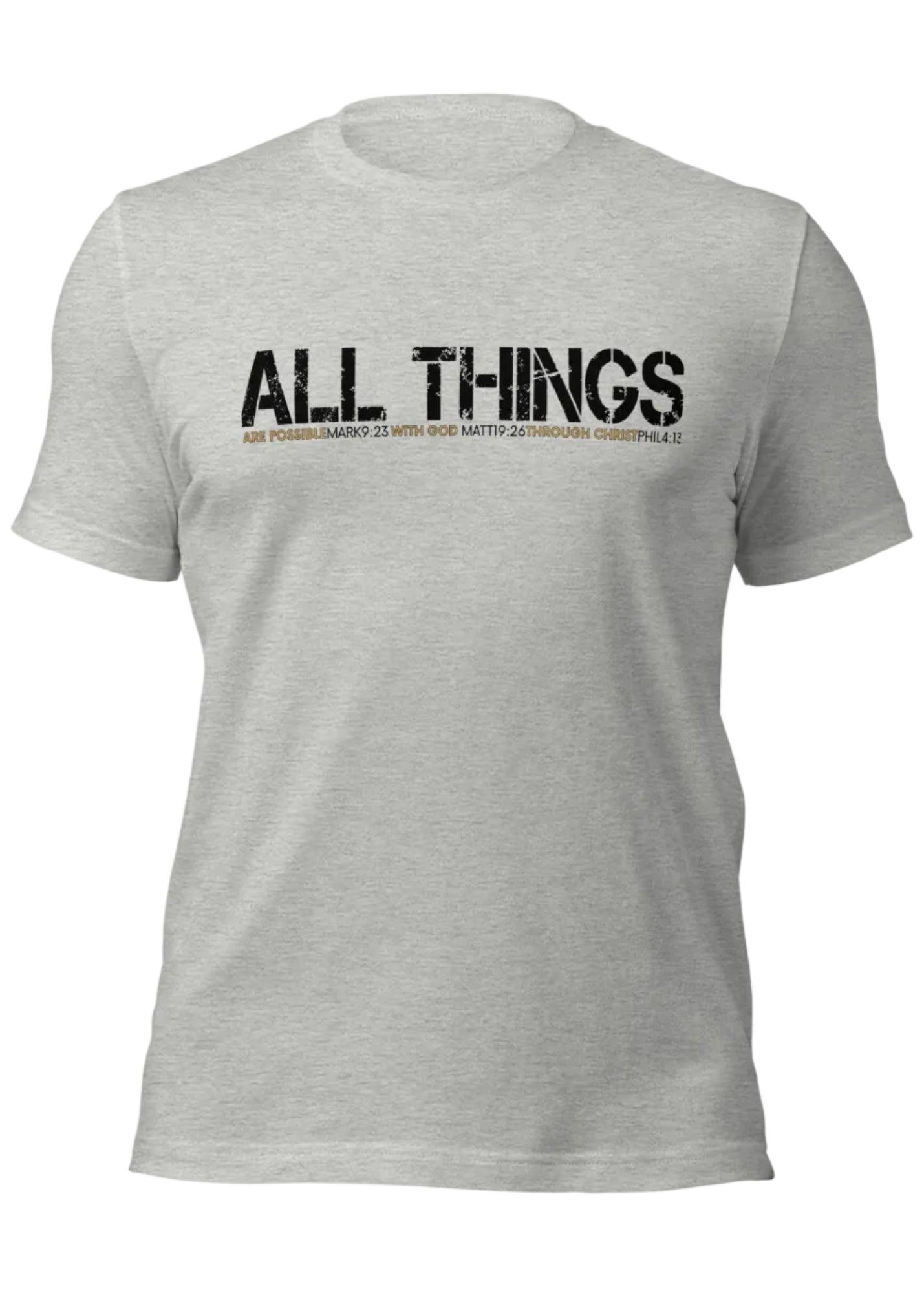 Gray t-shirt with 'ALL THINGS' text on a white background