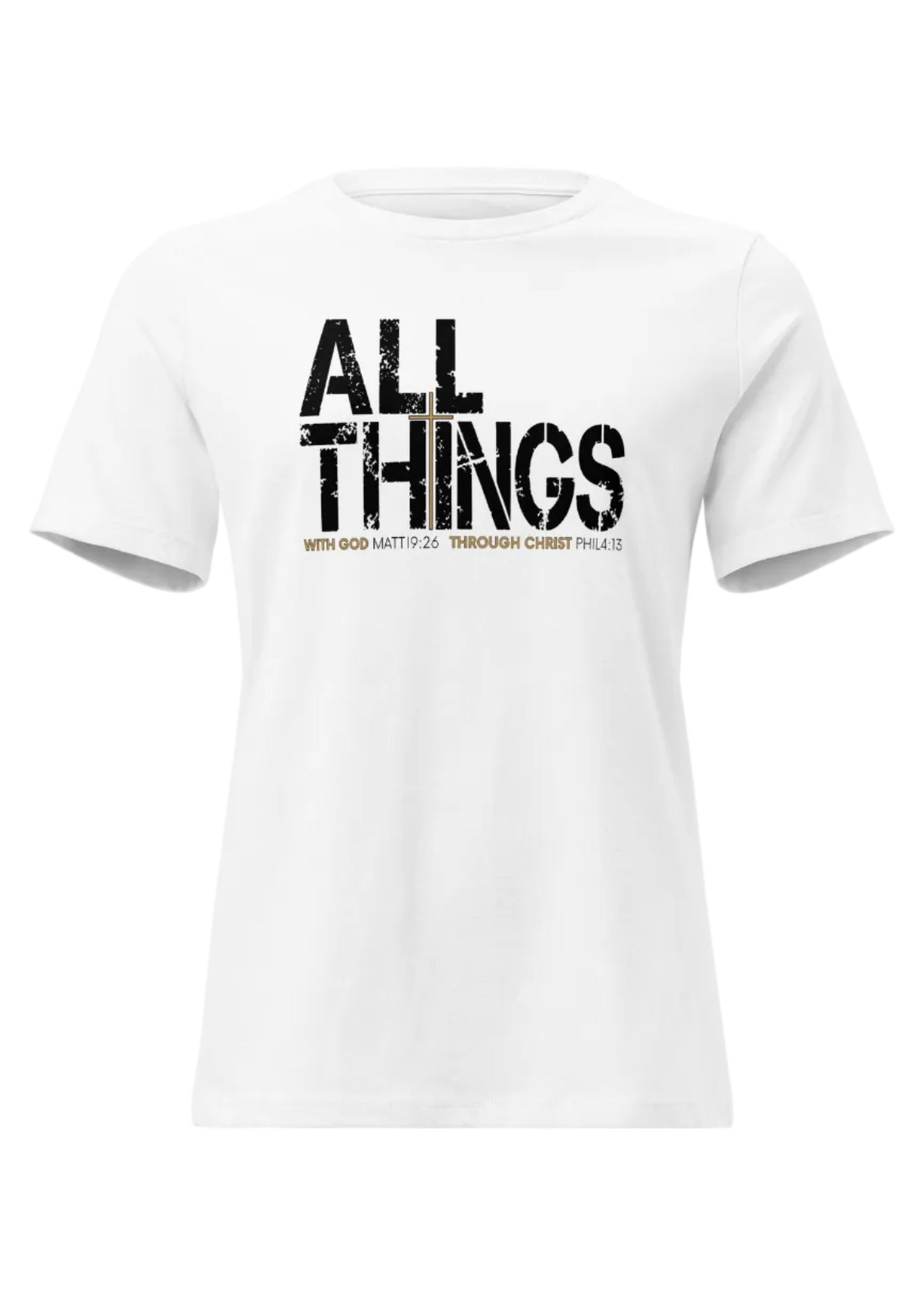 White t-shirt with black text on a white background