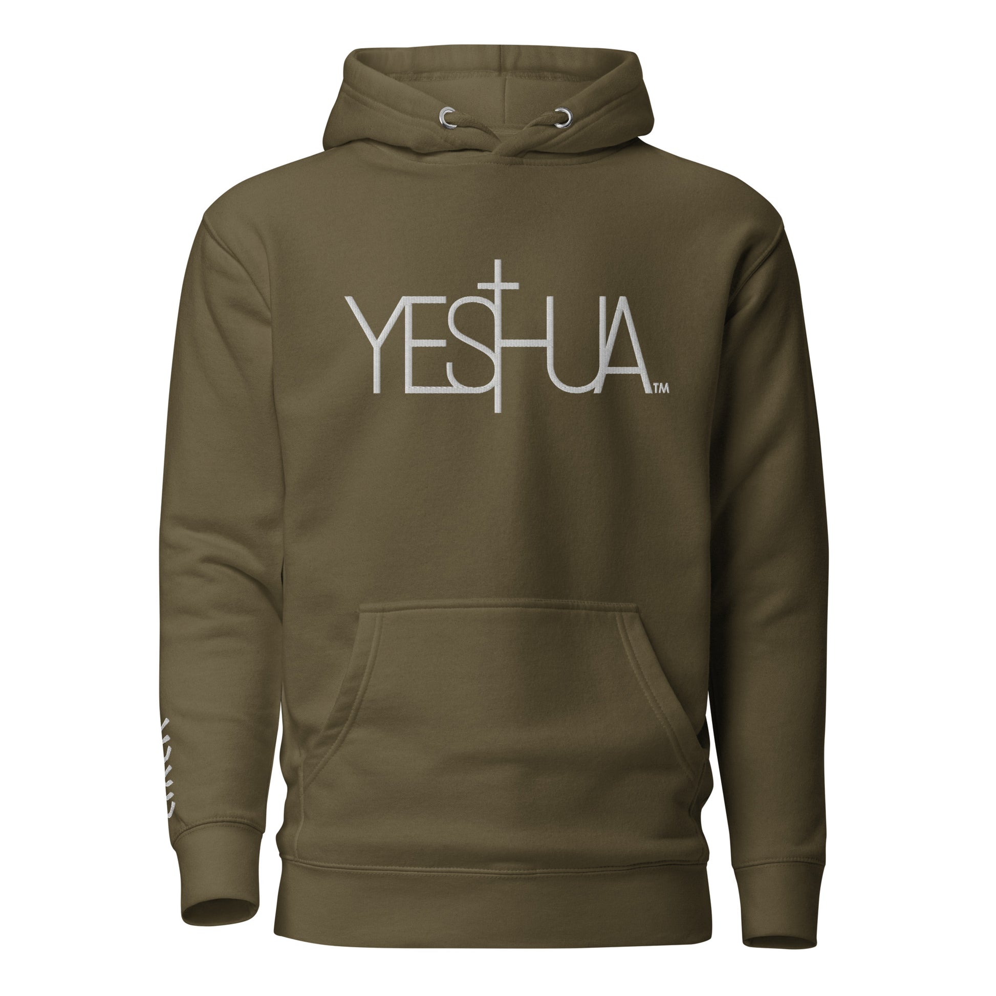 Front view of olive Yeshua White Premium Unisex Hoodie by Kingdom Crew™ featuring embroidered white lettering design from the Sacred Name Collection honoring Yeshua
