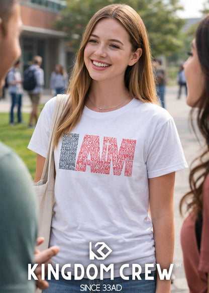 Woman wearing a white t-shirt with 'Kingdom Crew' text, standing outdoors with blurred people in the background.