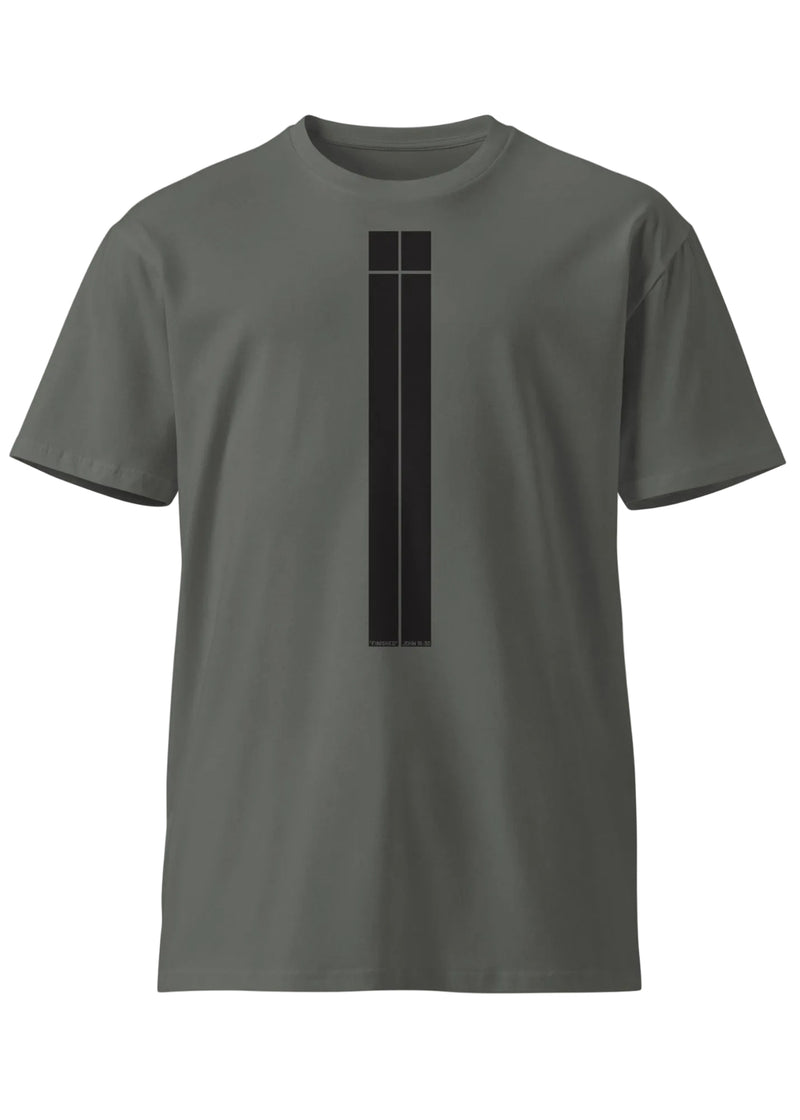 Gray t-shirt with a black vertical stripe design on a white background