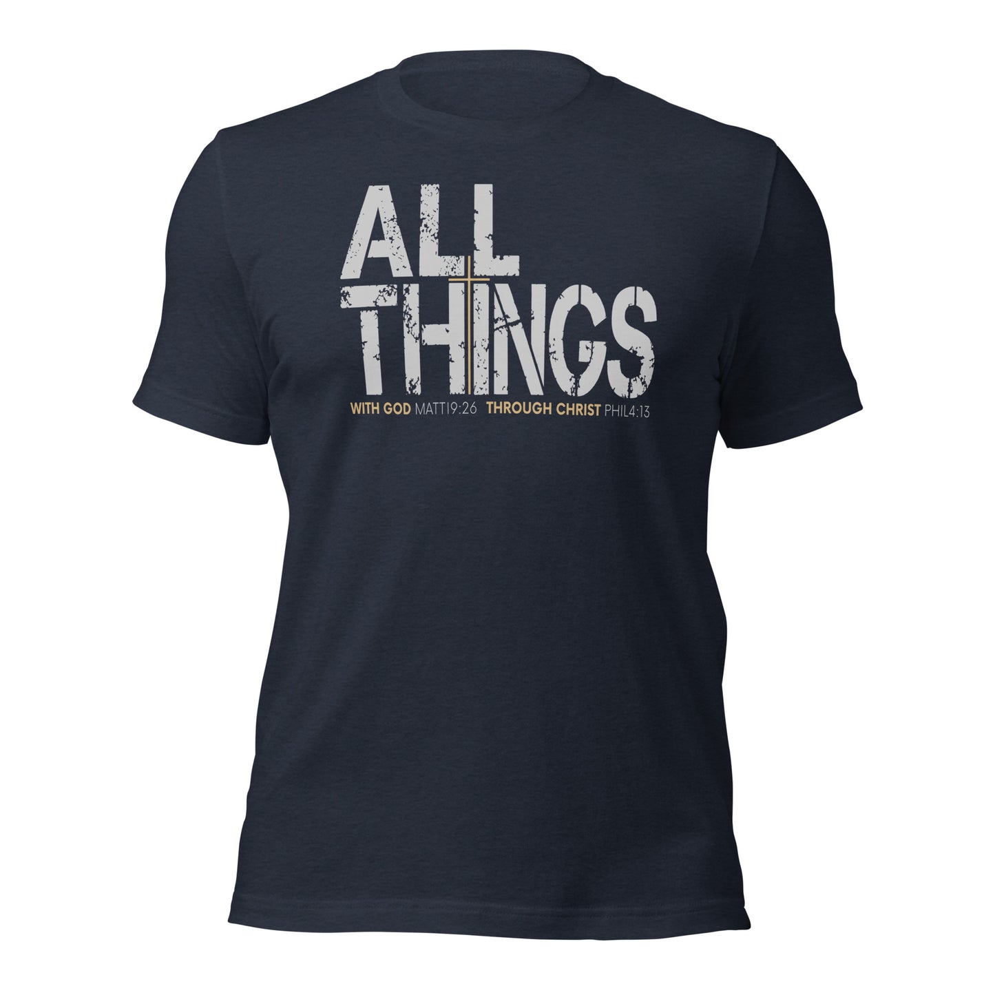 ALL THINGS™ Cross – Athletic Unisex Tee – Comfort Heather Silver and Gold
