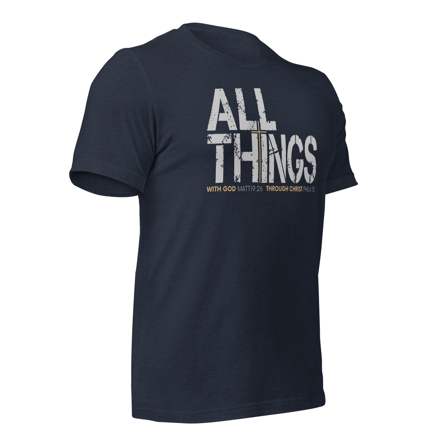 ALL THINGS™ Cross – Athletic Unisex Tee – Comfort Heather Silver and Gold