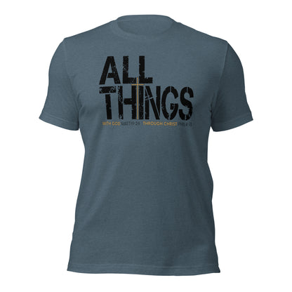 ALL THINGS™ Cross – Athletic Unisex Tee – Comfort Heather Black and Gold