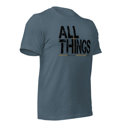 ALL THINGS™ Cross – Athletic Unisex Tee – Comfort Heather Black and Gold