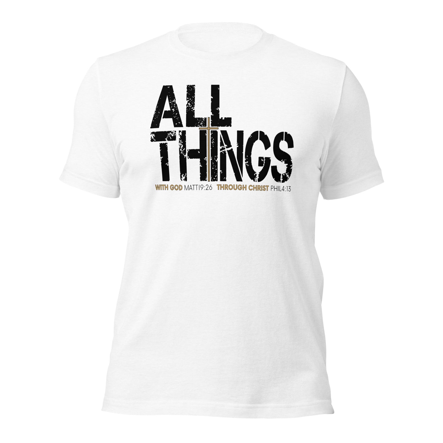 ALL THINGS™ Cross – Athletic Unisex Tee – Comfort Heather Black and Gold