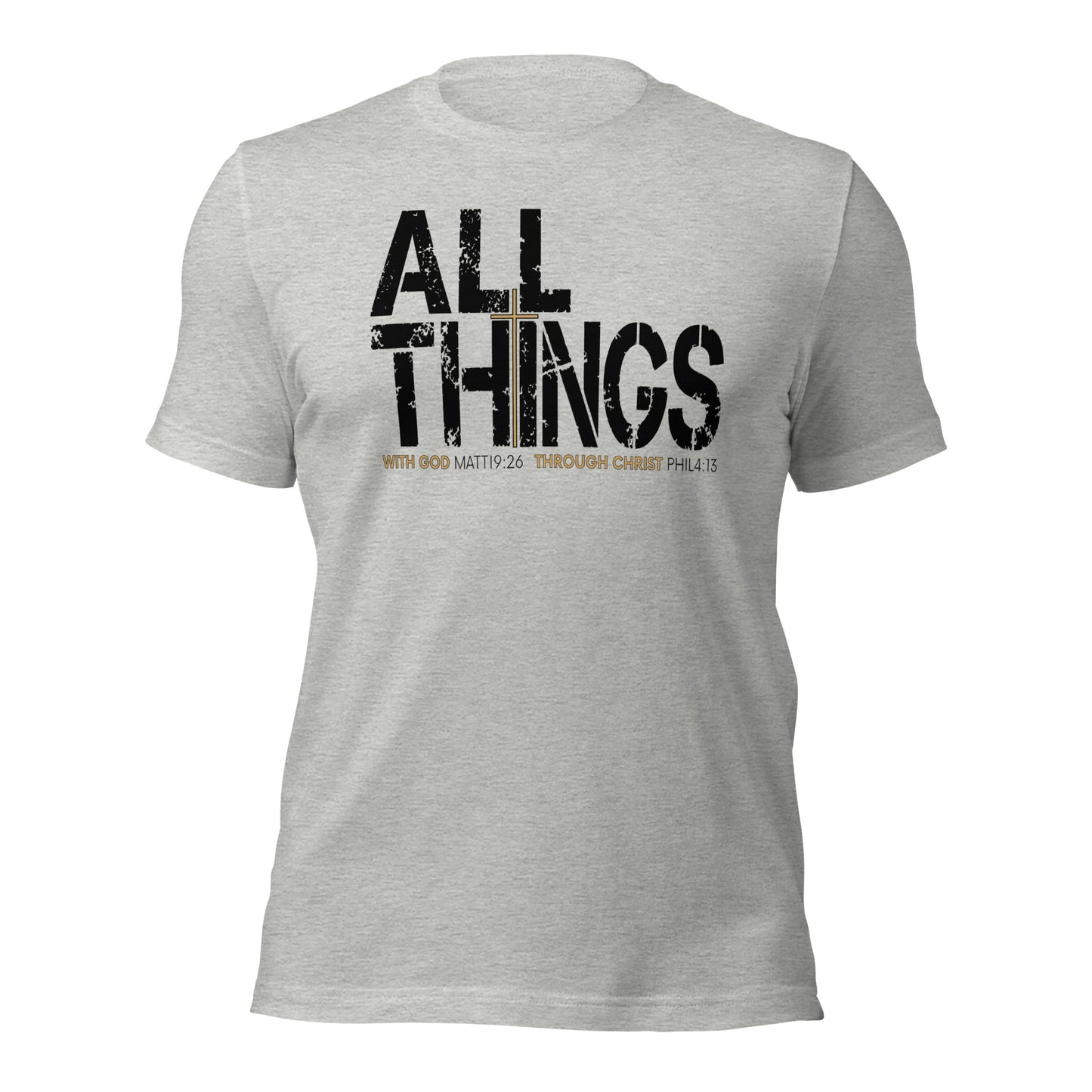 ALL THINGS™ Cross – Athletic Unisex Tee – Comfort Heather Black and Gold