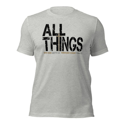 ALL THINGS™ Cross – Athletic Unisex Tee – Comfort Heather Black and Gold