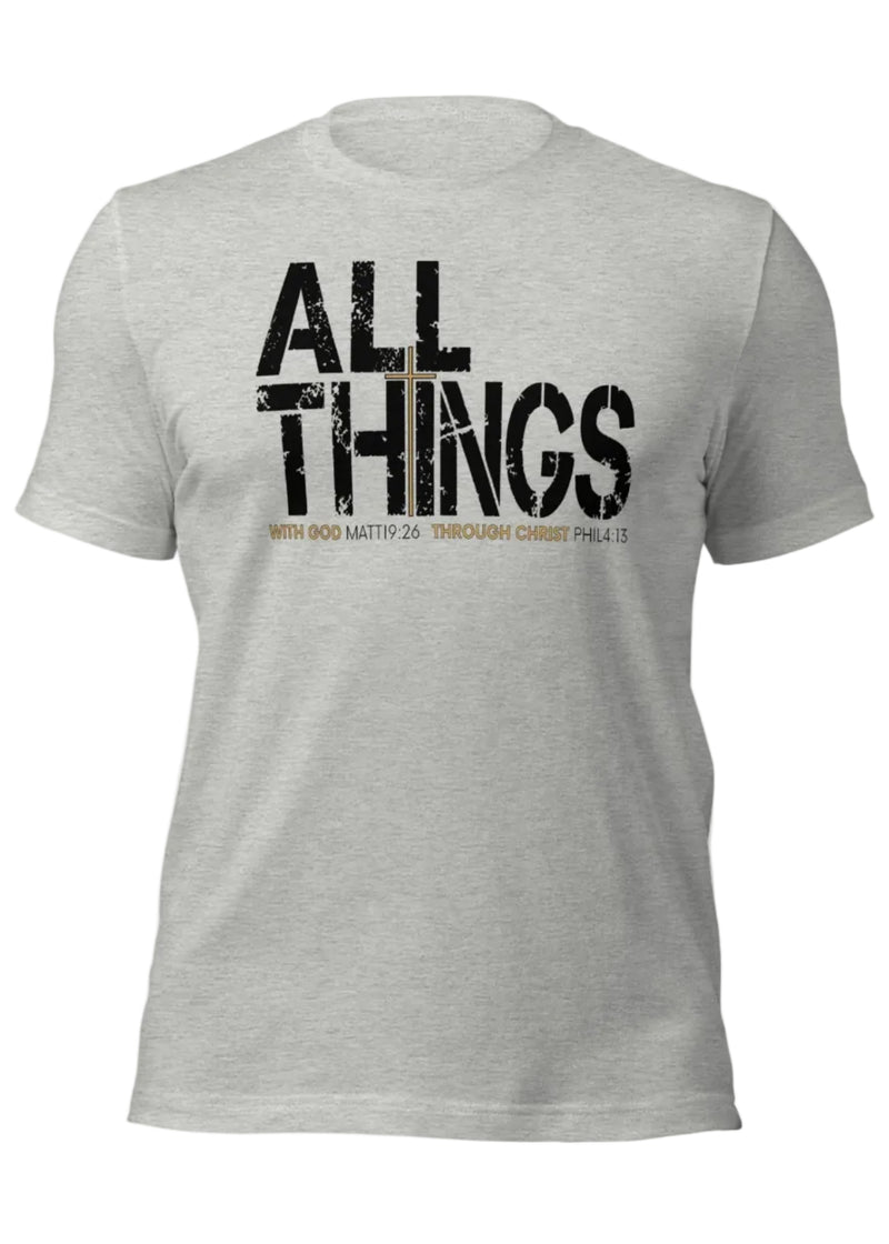 Gray t-shirt with 'ALL THINGS' text on a white background