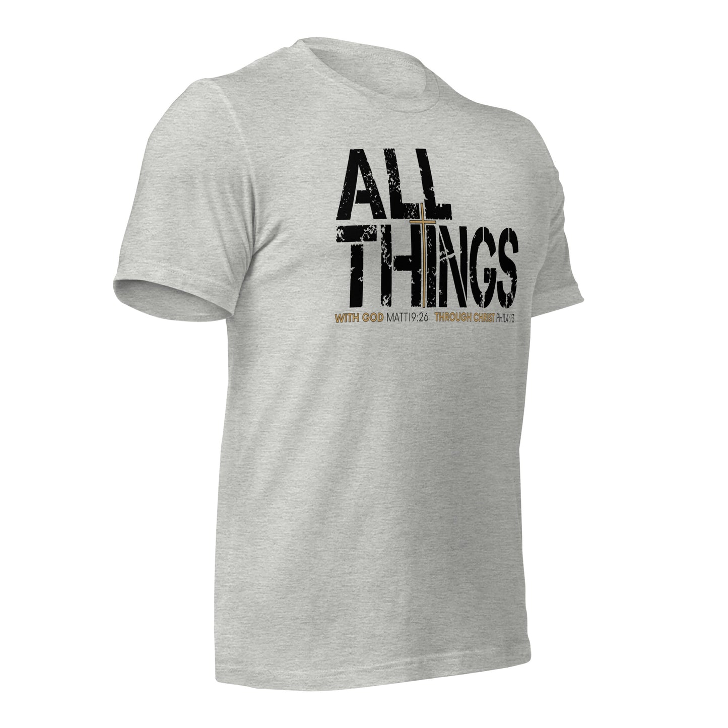 ALL THINGS™ Cross – Athletic Unisex Tee – Comfort Heather Black and Gold