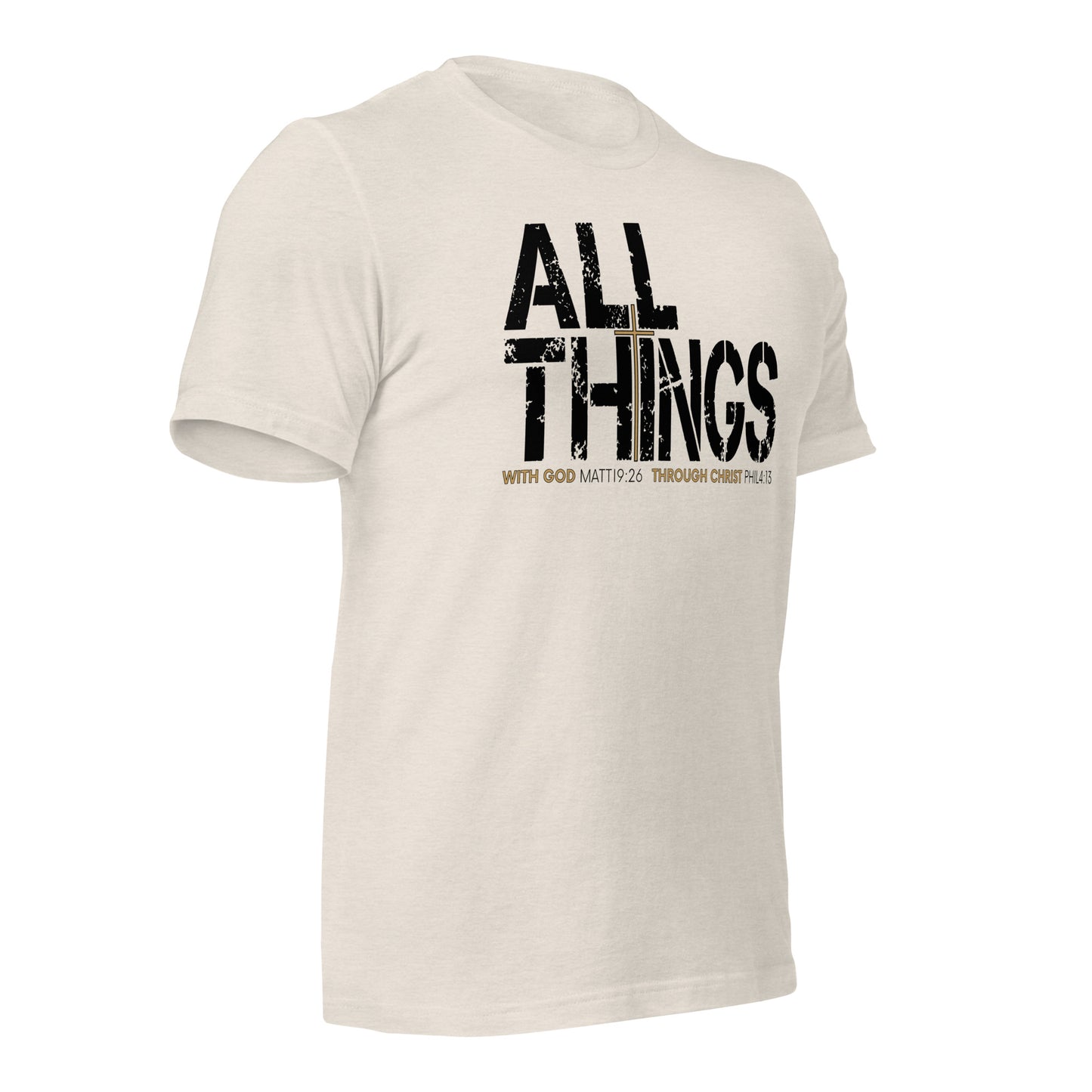 ALL THINGS™ Cross – Athletic Unisex Tee – Comfort Heather Black and Gold