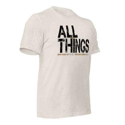 ALL THINGS™ Cross – Athletic Unisex Tee – Comfort Heather Black and Gold