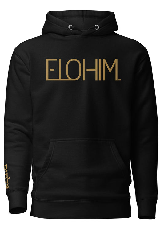 Black hoodie with 'ELOHIM' printed on the front and sleeve.