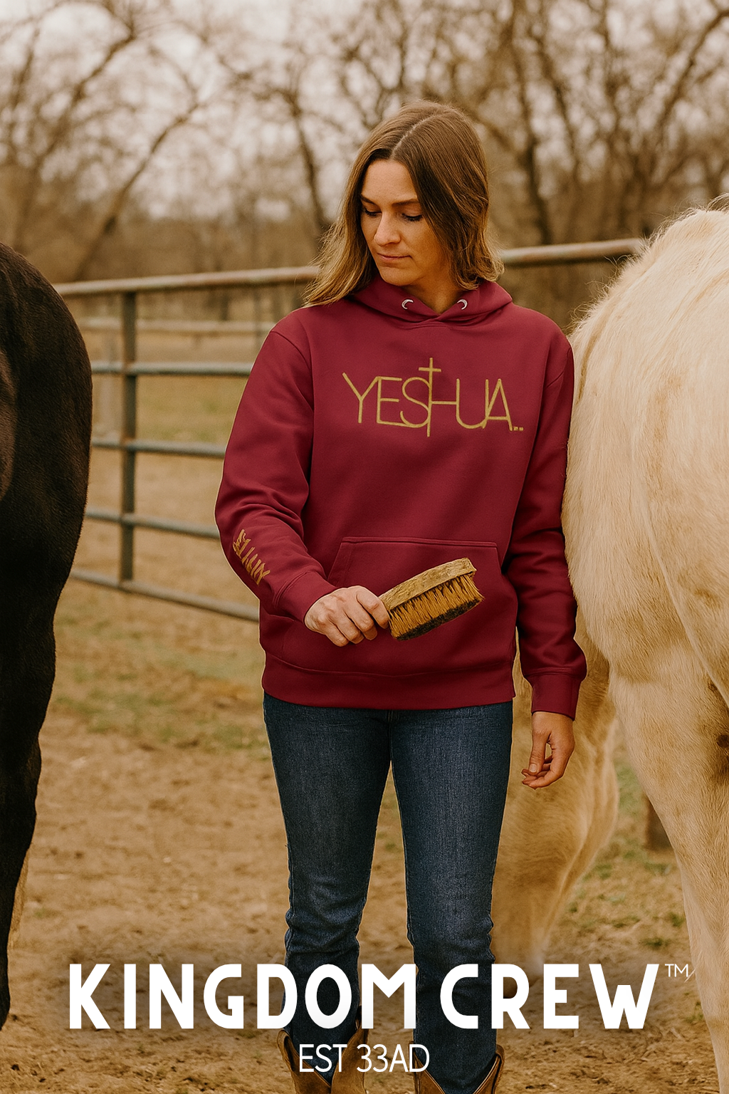 Women wearing Kingdom Crew Yeshua Gold Premium Unisex hoodie