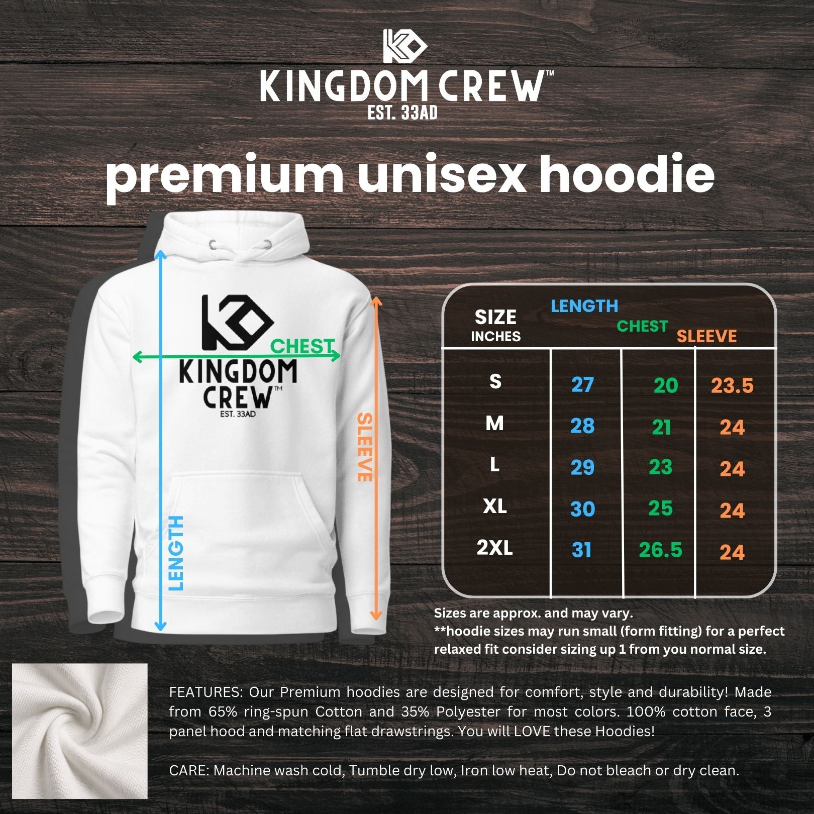 White hoodie with Kingdom Crew branding on a wooden background, featuring size chart and care instructions.
