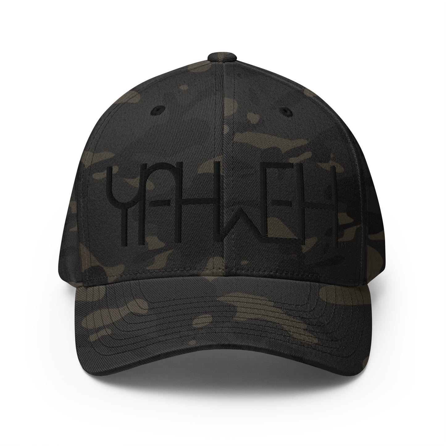 Front view of black camo Yahweh embroidered Flexfit hat by Kingdom Crew™ featuring tonal black thread design from the Sacred Name Collection honoring Yahweh
