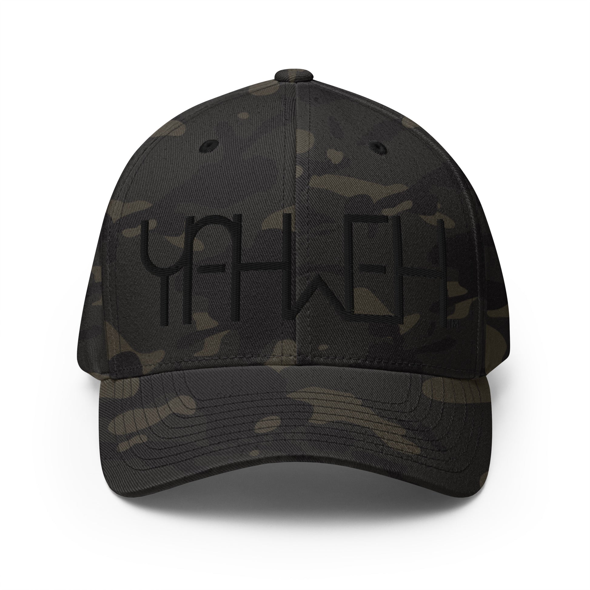 Front view of black camo Yahweh embroidered Flexfit hat by Kingdom Crew™ featuring tonal black thread design from the Sacred Name Collection honoring Yahweh
