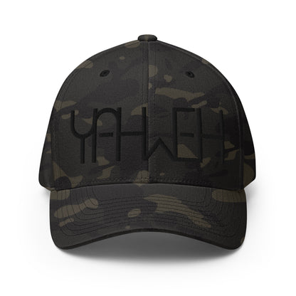 Front view of black camo Yahweh embroidered Flexfit hat by Kingdom Crew™ featuring tonal black thread design from the Sacred Name Collection honoring Yahweh
