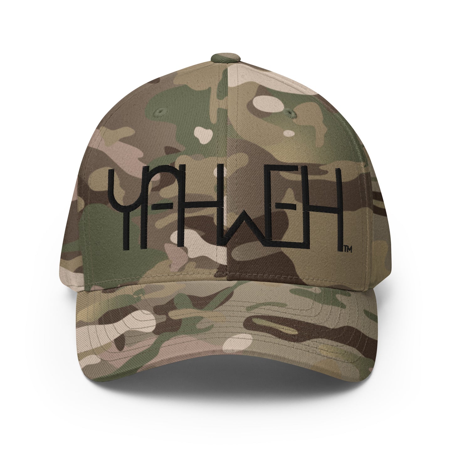 Front view of green camo Yahweh embroidered Flexfit hat by Kingdom Crew™ featuring bold black stitching from the Sacred Name Collection honoring the name of God Yahweh
