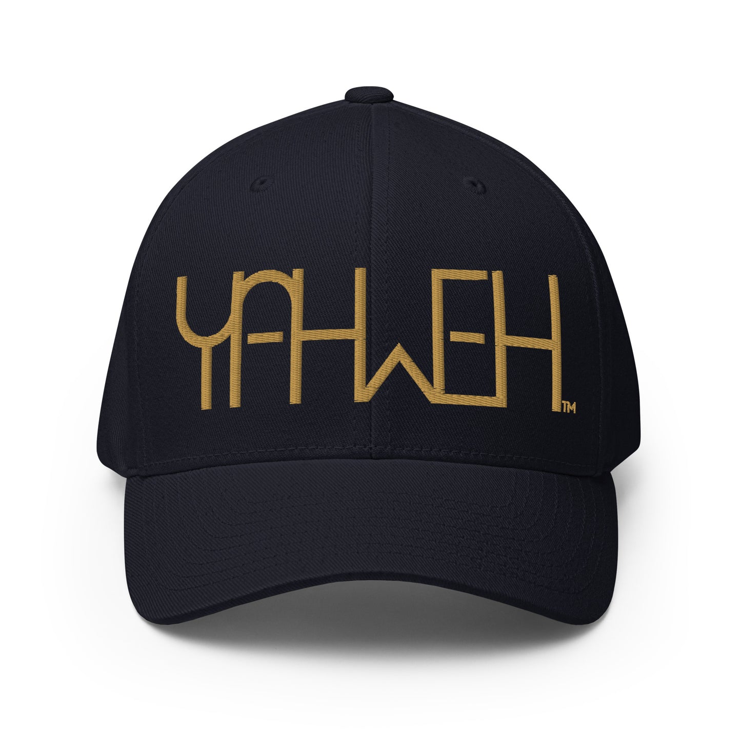 Front view of navy Yahweh embroidered Flexfit hat by Kingdom Crew™ featuring gold thread design from the Sacred Name Collection honoring the name of God Yahweh
