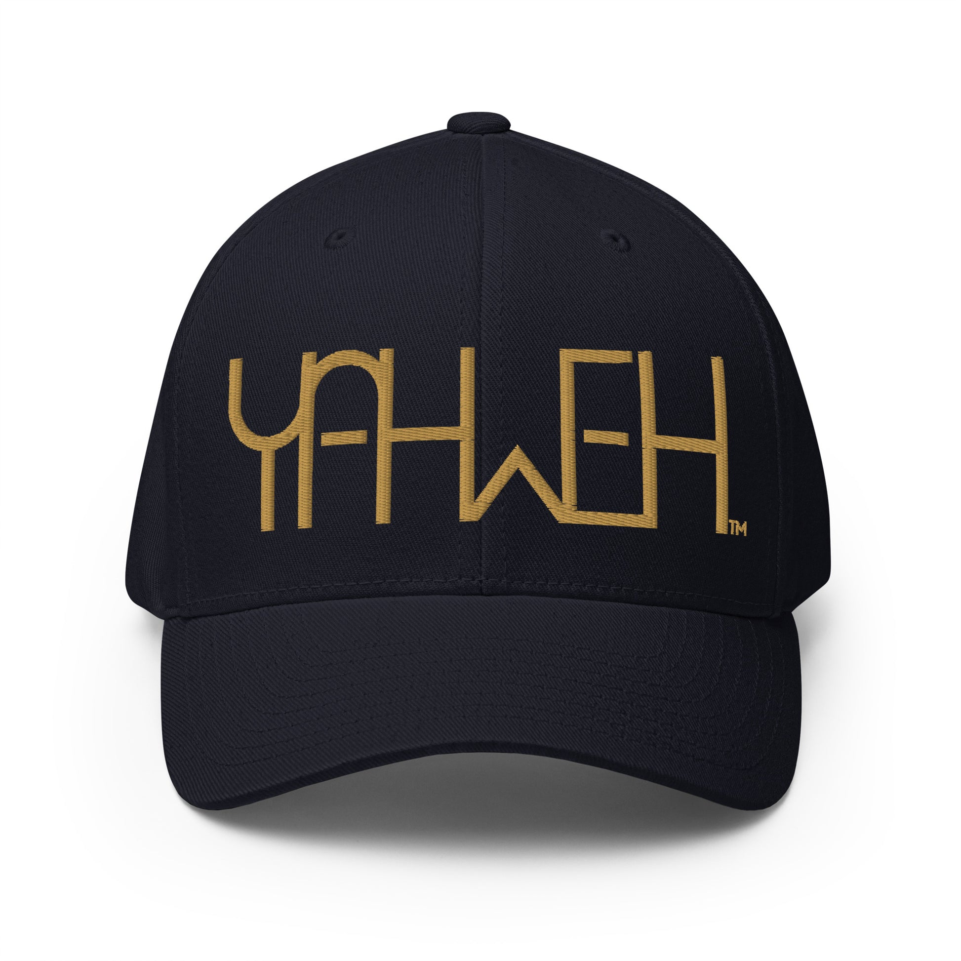 Front view of navy Yahweh embroidered Flexfit hat by Kingdom Crew™ featuring gold thread design from the Sacred Name Collection honoring the name of God Yahweh
