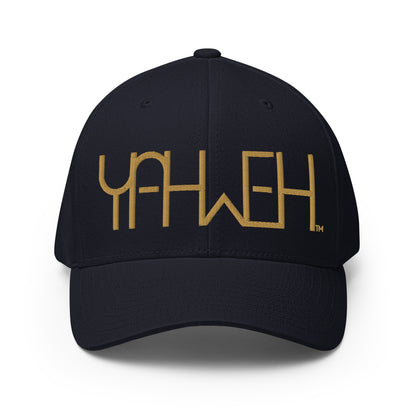 Front view of navy Yahweh embroidered Flexfit hat by Kingdom Crew™ featuring gold thread design from the Sacred Name Collection honoring the name of God Yahweh
