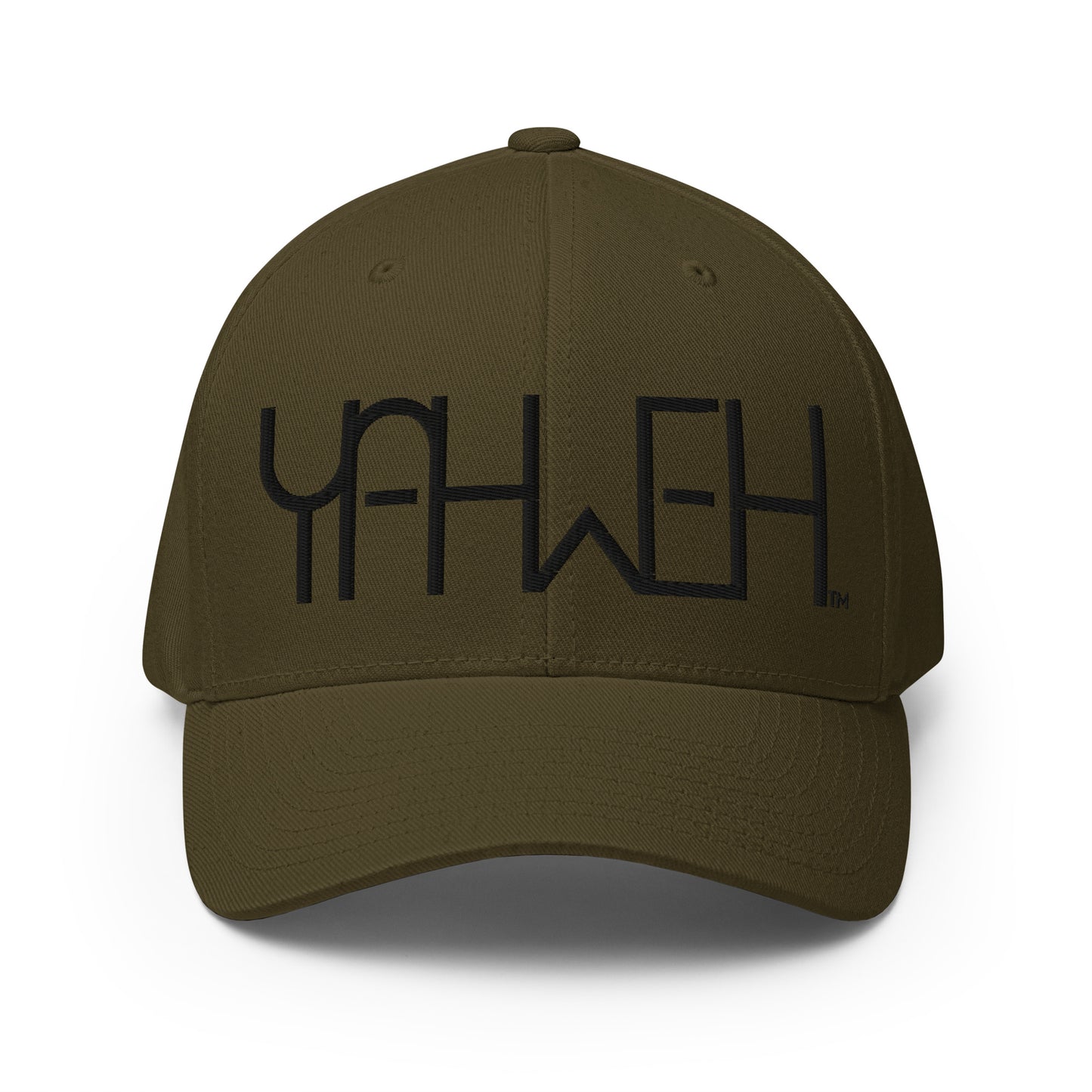 Front view of olive Yahweh embroidered Flexfit hat by Kingdom Crew™ featuring black thread design from the Sacred Name Collection honoring Yahweh
