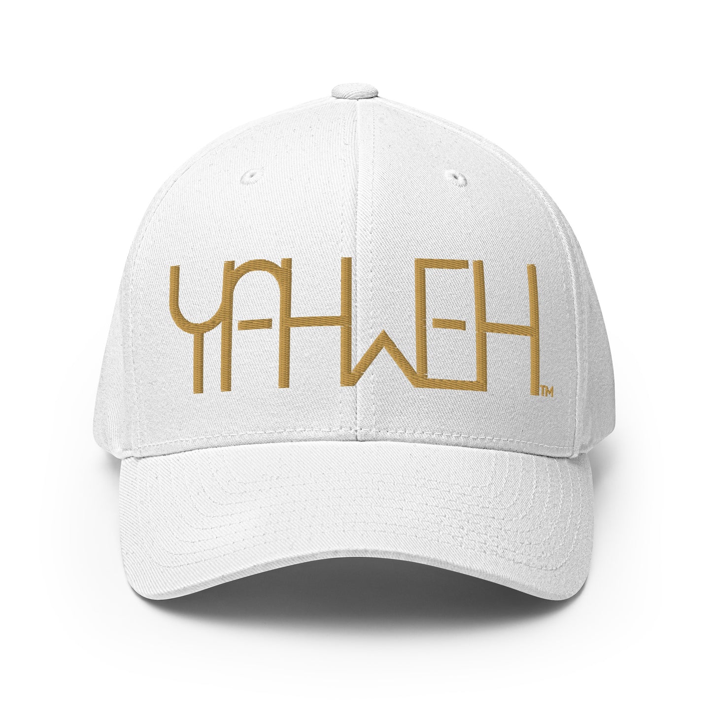 Front view of white Yahweh embroidered Flexfit hat by Kingdom Crew™ featuring gold thread design from the Sacred Name Collection honoring the name of God Yahweh
