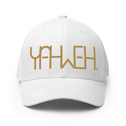 Front view of white Yahweh embroidered Flexfit hat by Kingdom Crew™ featuring gold thread design from the Sacred Name Collection honoring the name of God Yahweh
