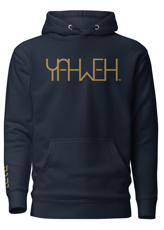 Navy hoodie with 'YAHWEH' printed on the back against a white background