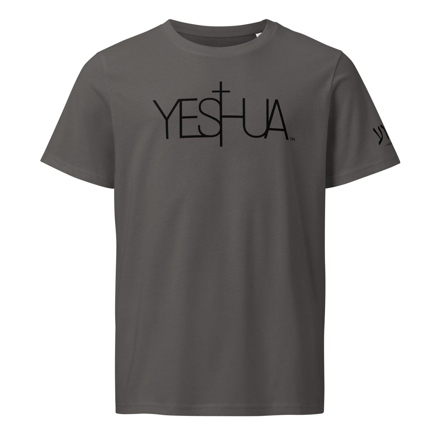 Front view of anthricite Yeshua Black Premium Unisex T-Shirt by Kingdom Crew™ featuring bold black lettering design from the Sacred Name Collection honoring Yeshua
