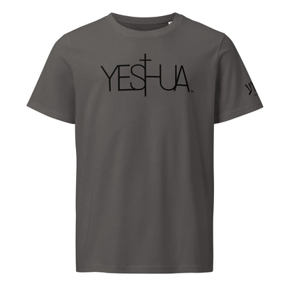 Front view of anthricite Yeshua Black Premium Unisex T-Shirt by Kingdom Crew™ featuring bold black lettering design from the Sacred Name Collection honoring Yeshua
