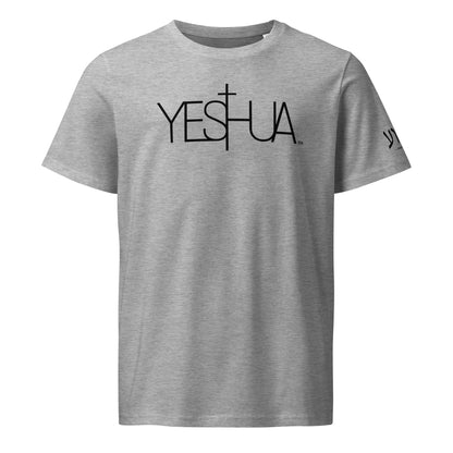 Front view of heather grey Yeshua Black Premium Unisex T-Shirt by Kingdom Crew™ featuring bold black lettering design from the Sacred Name Collection honoring Yeshua