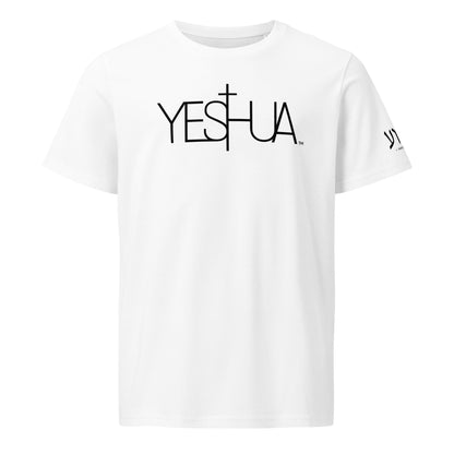 Front view of white Yeshua Black Premium Unisex T-Shirt by Kingdom Crew™ featuring bold black lettering design from the Sacred Name Collection honoring Yeshua
