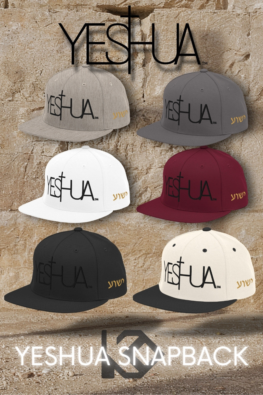 Collection of Yeshua snapback caps in various colors on a stone background
