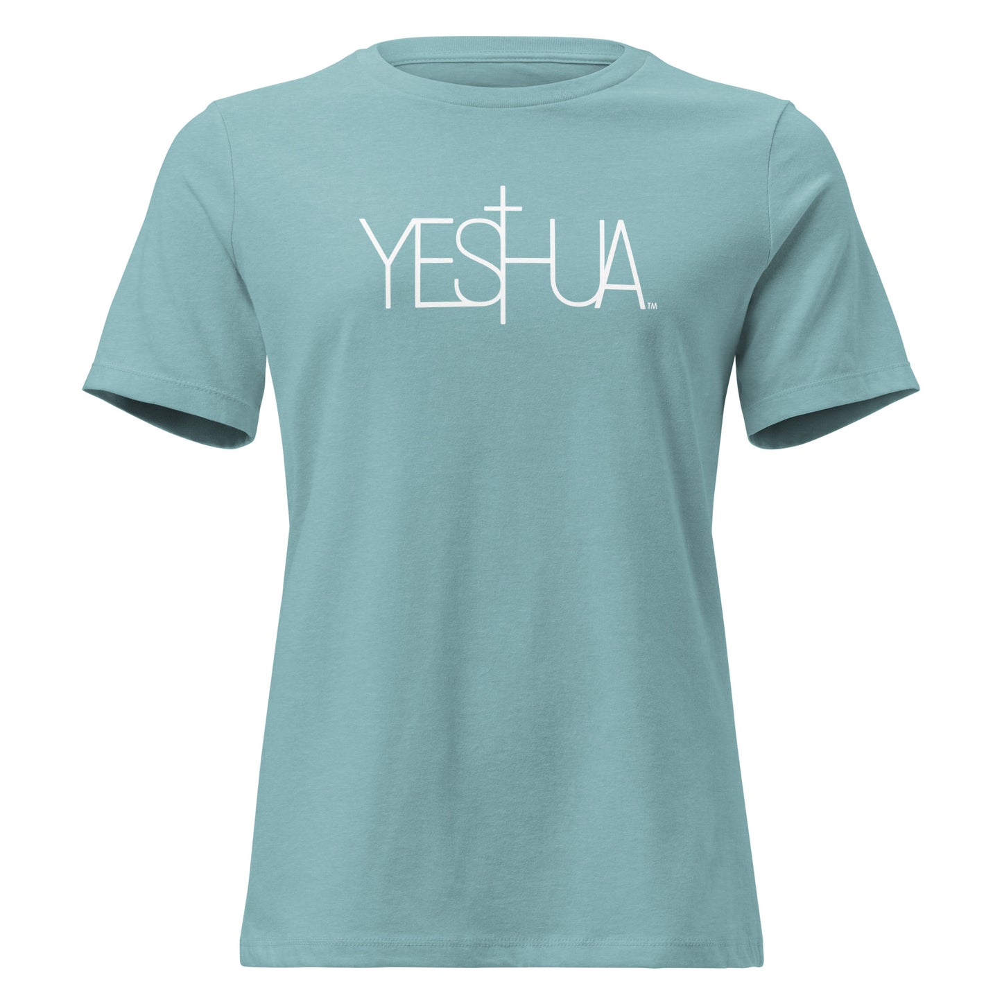 Front view of aqua Yeshua Comfort Women’s T-Shirt by Kingdom Crew™ featuring white lettering design from the Sacred Name Collection honoring Yeshua
