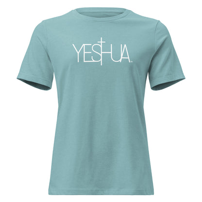 Front view of aqua Yeshua Comfort Women’s T-Shirt by Kingdom Crew™ featuring white lettering design from the Sacred Name Collection honoring Yeshua
