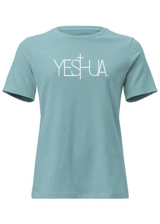 Front view of aqua Yeshua Comfort Women’s T-Shirt by Kingdom Crew™ featuring white lettering design from the Sacred Name Collection honoring Yeshua
