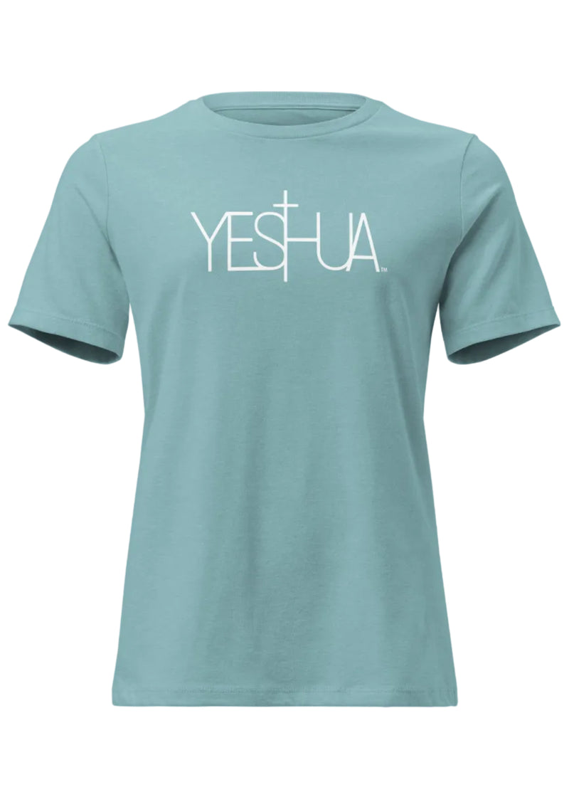 Front view of aqua Yeshua Comfort Women’s T-Shirt by Kingdom Crew™ featuring white lettering design from the Sacred Name Collection honoring Yeshua
