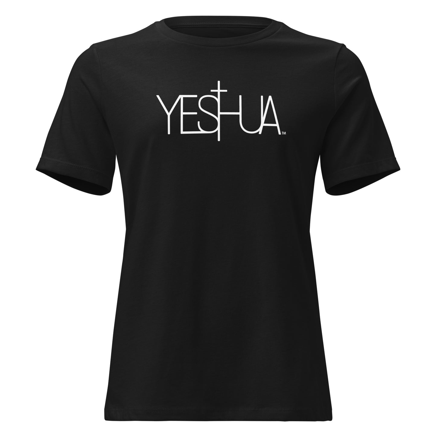Front view of black Yeshua Comfort Women’s T-Shirt by Kingdom Crew™ featuring white lettering design from the Sacred Name Collection honoring Yeshua
