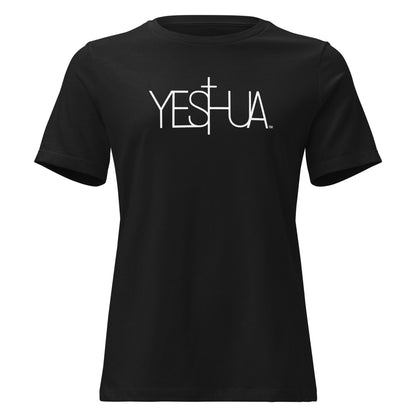 Front view of black Yeshua Comfort Women’s T-Shirt by Kingdom Crew™ featuring white lettering design from the Sacred Name Collection honoring Yeshua
